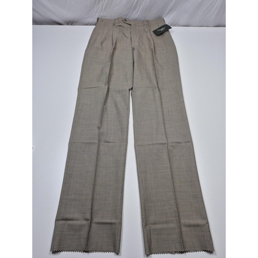 Palm Beach Reflex Dress Pants Mens 36x36 Beige Check Wool Pleated Unhemmed NWT